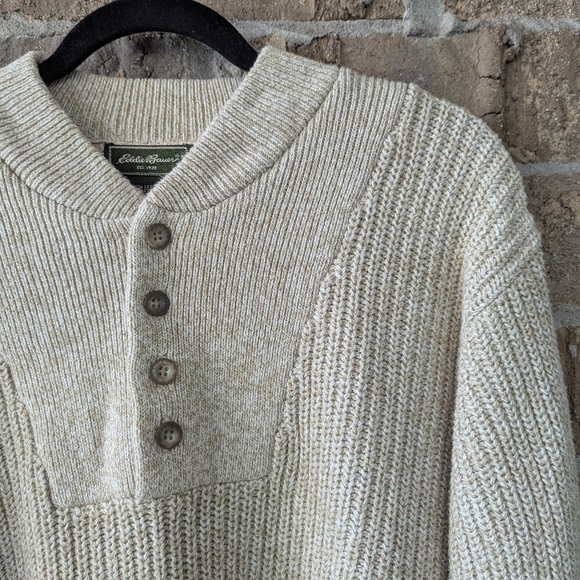 Vintage 90s Eddie Bauer Light Tan Shaker Stitch Henley Sweater Size Large TALL - Picture 2 of 7